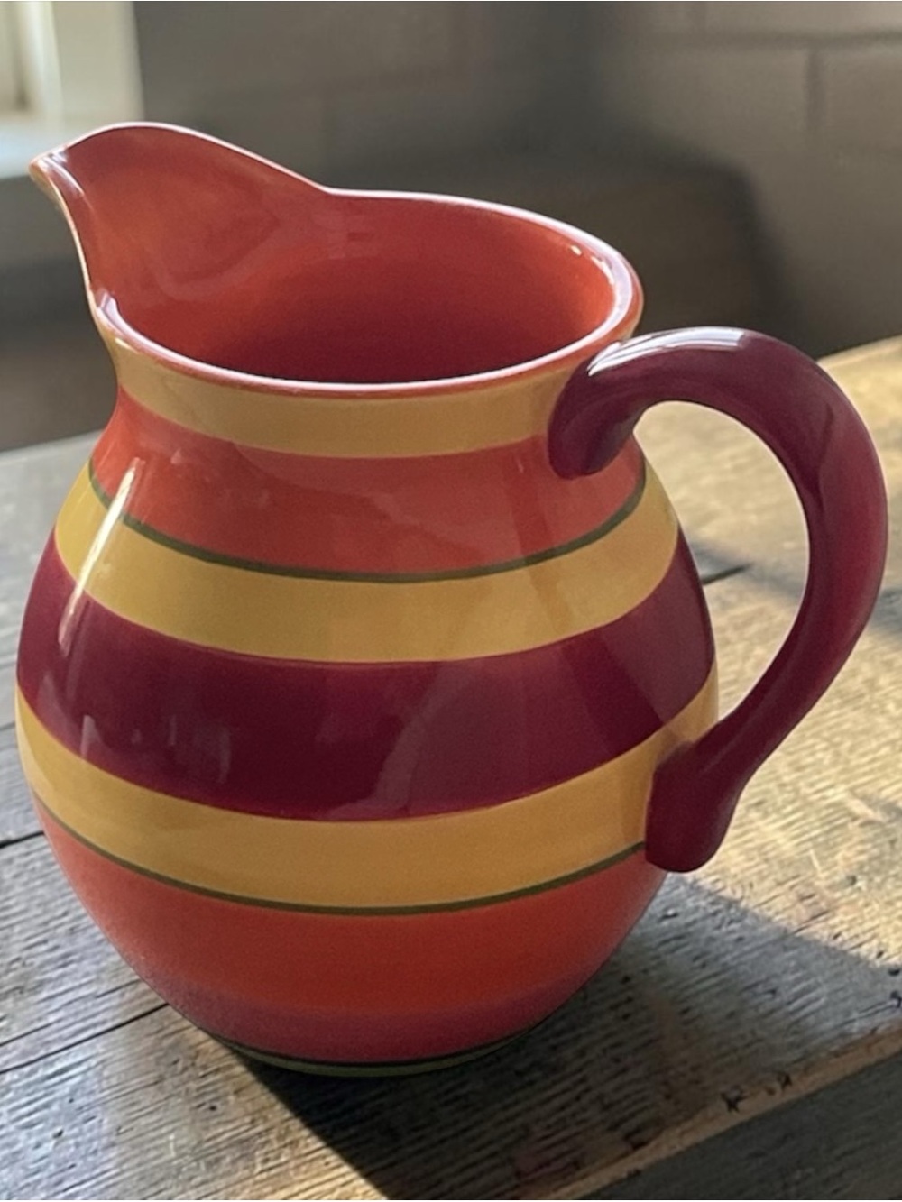 Crate&Barrel Striped Ceramic Pitcher in Red, Orange & Yellow